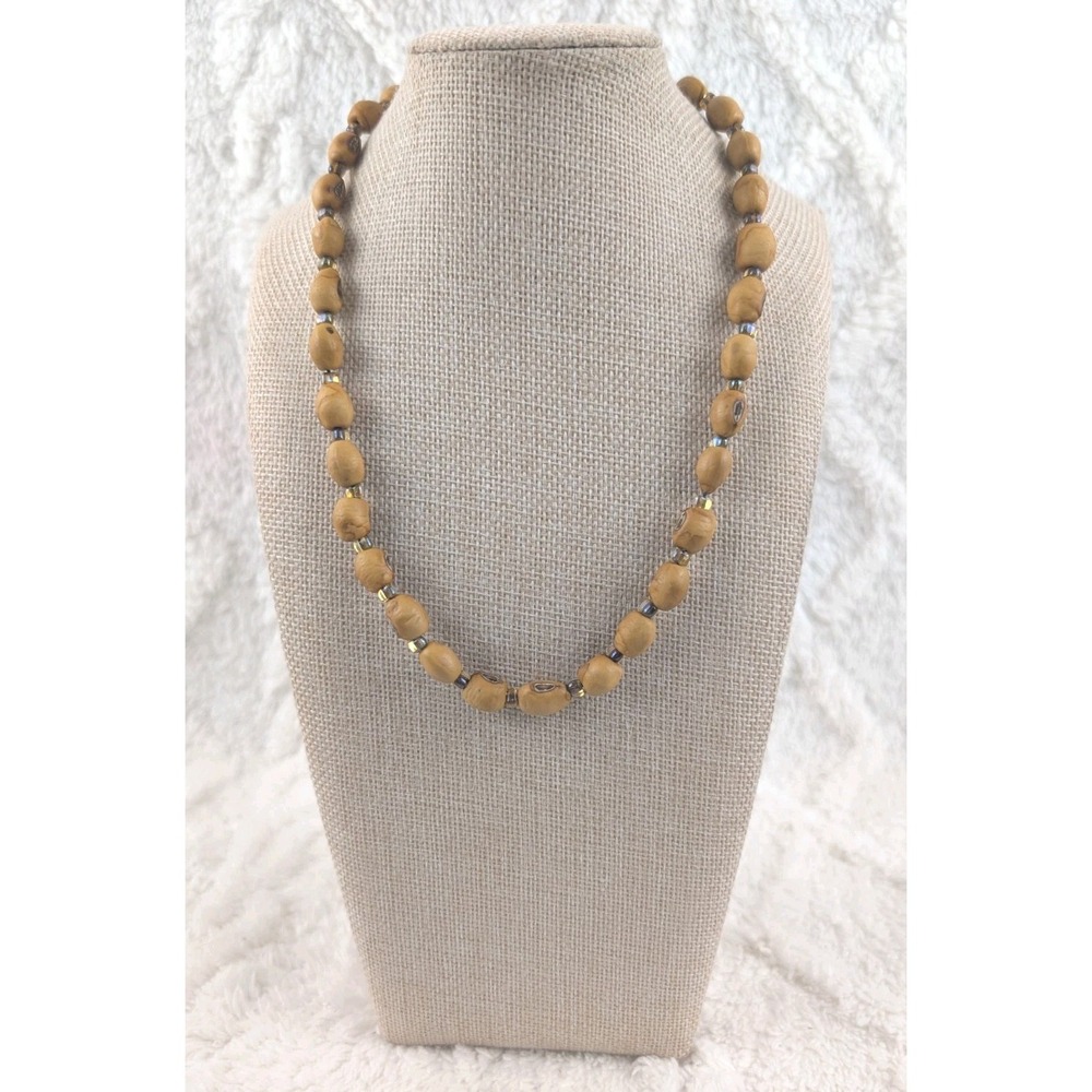 Natural Seed Wood Bead Necklace Brown Tan Iridescent Spacer Beads Boho Tribal